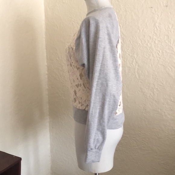 Urban Outfitters Cream Floral Lace Light Gray Fleece Sweatshirt - Picture 4 of 8